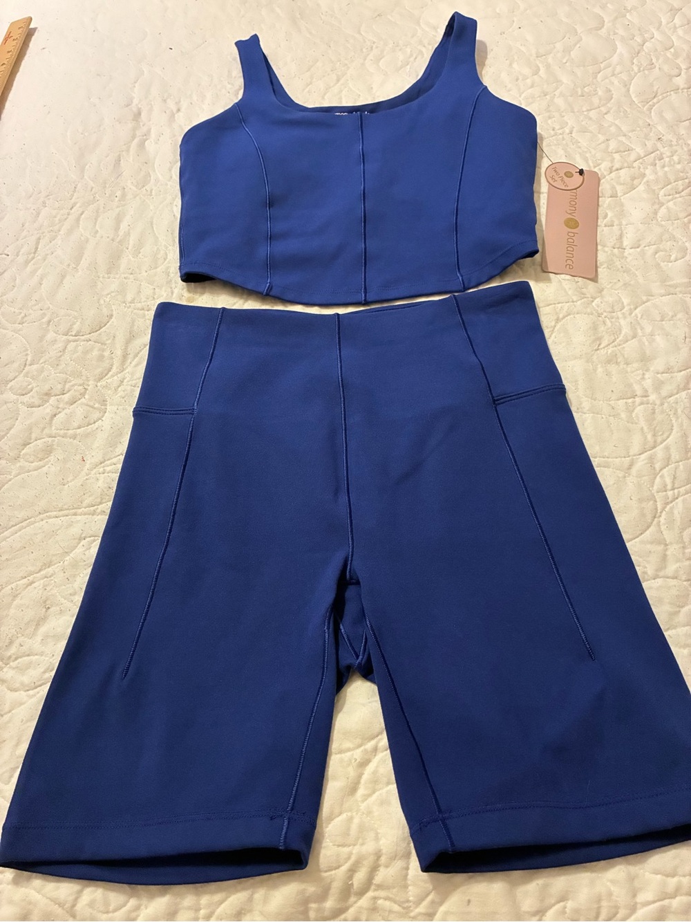 Seam-Detail High-Waist Bike Shorts & Crop Tank Set - Royal Blue
